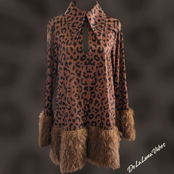 Leopard Print Dress in Honey Brown & Black with Contrast Fuzzy Faux Fur Trim MED - Picture 3 of 13